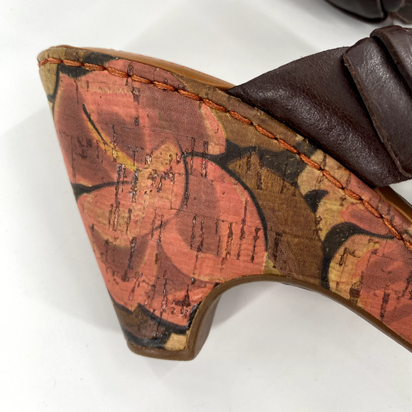 Born Crown Cross Strap Floral Cork Heel Sandals Sz 38/7.5 Brown Leather Buckle - Picture 7 of 10